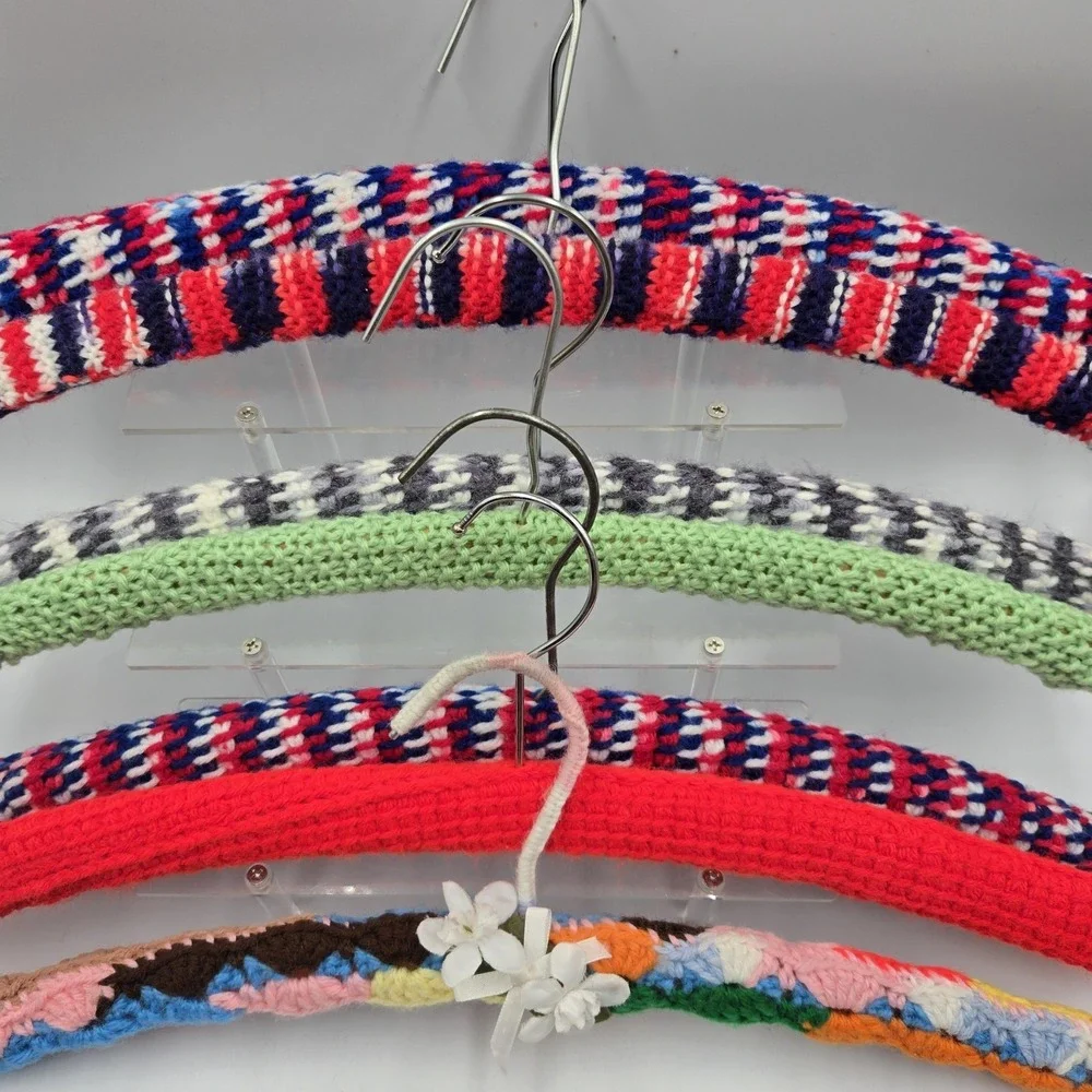 Crochet Knitted Hangers Grannycore Chic Lot of 7 VTG Handmade Wooden Fancy Color